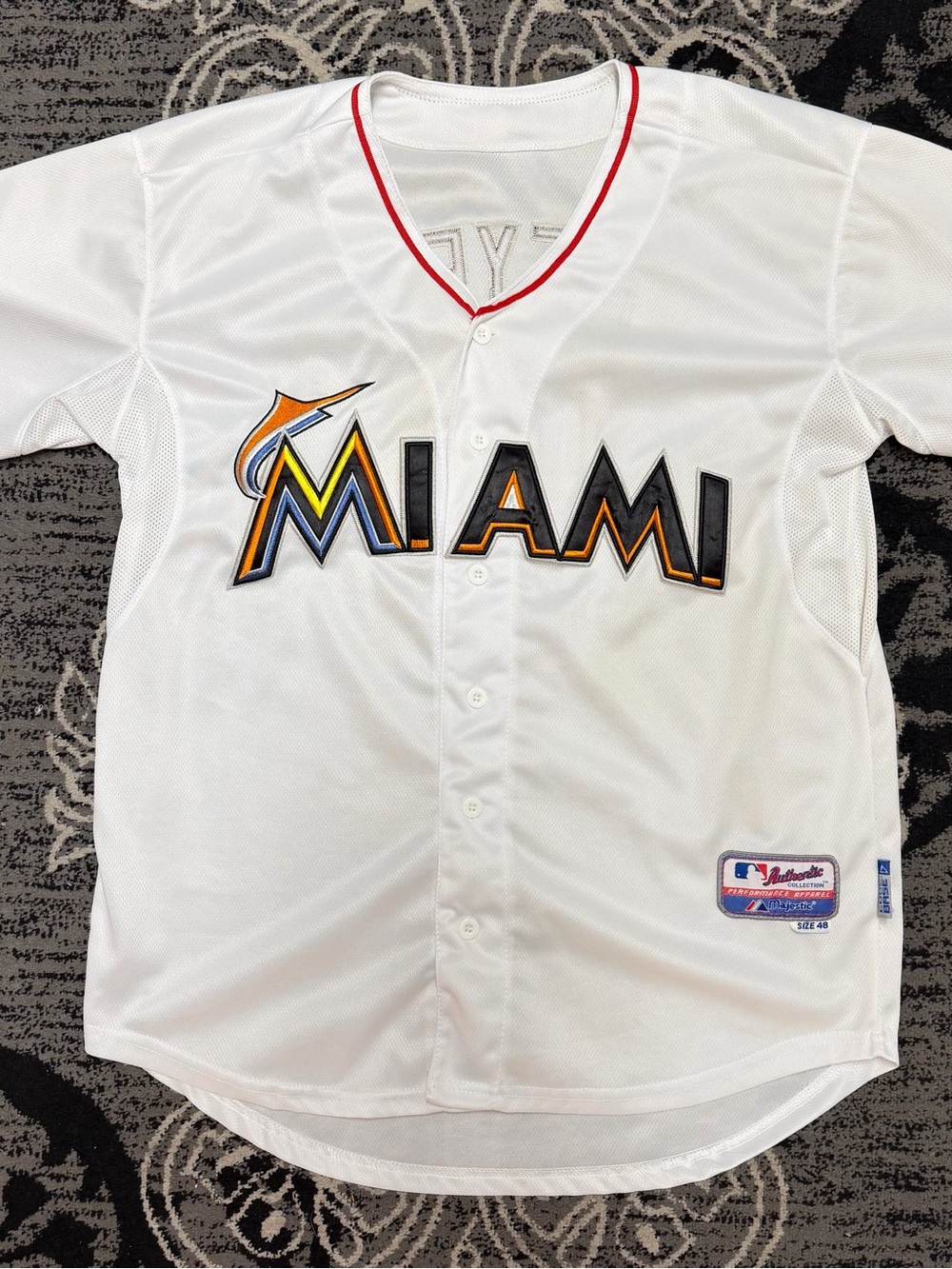 Majestic Jose Reyes White Miami Marlins Jersey with Orange and Black Logo